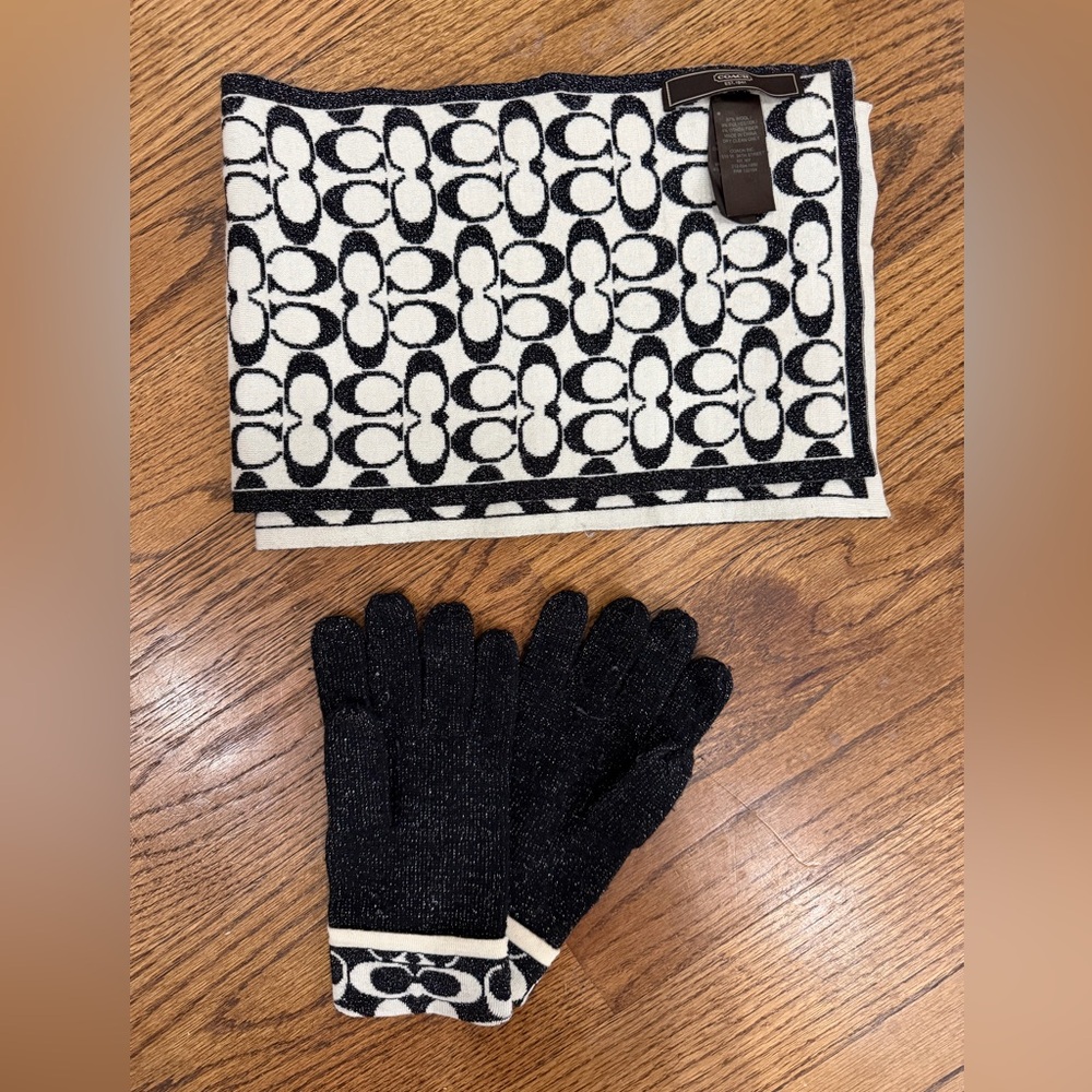 Coach Black & White Logo Knit Scarf with Metallic Accent
